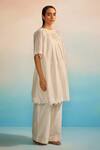 Buy_Ahmev_Ivory Chanderi, Cotton Embroidery Round Neck Orihime Box Pleat Applique Kurta _Online_at_Aza_Fashions