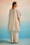 Shop_Ahmev_Ivory Chanderi, Cotton Embroidery Round Neck Orihime Box Pleat Applique Kurta _at_Aza_Fashions
