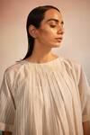 Shop_Ahmev_Ivory Chanderi, Cotton Embroidery Round Neck Orihime Box Pleat Applique Kurta _Online_at_Aza_Fashions