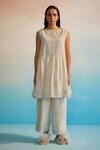 Buy_Ahmev_Ivory Chanderi Cotton Embroidery Round Neck Miyabi Ruching Dress  _Online_at_Aza_Fashions