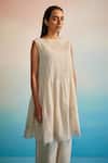 Shop_Ahmev_Ivory Chanderi Cotton Embroidery Round Neck Miyabi Ruching Dress  _at_Aza_Fashions