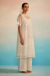 Buy_Ahmev_Ivory Chanderi, Cotton, Organza Embroidery Round Neck Yuugen Kurta Set _Online_at_Aza_Fashions