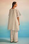 Shop_Ahmev_Ivory Chanderi, Cotton Embroidery Round Neck Box Pleat Applique Kurta Set _at_Aza_Fashions