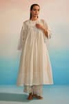 Ahmev_Ivory Cotton, Cotton, Embroidery Midori Panelled Kurta Set _Online_at_Aza_Fashions