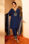 Roohbyridhimaa_Blue Organza Sequins, Zari Plunge Neck Anadh Mandala Embroidered Kurta Pant Set _Online_at_Aza_Fashions