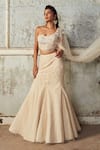 Buy_Piri India_Ivory Tulle, Chanderi, Net Embroidery, Sequins Asymmetric Hand Lehenga Set _at_Aza_Fashions