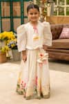 Buy_Fayon Kids_Off White Cotton Fabric Flowers, Pom-poms Designer Lehenga And Blouse Set _at_Aza_Fashions