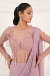 Shop_Aurouss_Pink Mesh, Tulle Beads, Sequins Scoop Neck Rose Embellished Bodysuit _at_Aza_Fashions