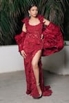 Buy_Aurouss_Red Organza, Satin, Twill Sequins, Embroidery Scoop Neck Gown With Cape _at_Aza_Fashions