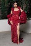 Aurouss_Red Organza, Satin, Twill Sequins, Embroidery Scoop Neck Gown With Cape _at_Aza_Fashions