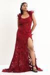 Aurouss_Red Organza, Satin, Twill Sequins, Embroidery Scoop Neck Gown With Cape _Online