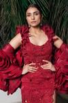 Buy_Aurouss_Red Organza, Satin, Twill Sequins, Embroidery Scoop Neck Gown With Cape _Online
