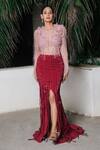 Aurouss_Red Organza, Satin, Twill, Net, Mesh Embroidery, Designer Skirt And Body Suit Set _Online_at_Aza_Fashions