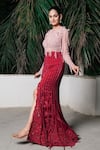 Buy_Aurouss_Red Organza, Satin, Twill, Net, Mesh Embroidery, Designer Skirt And Body Suit Set _Online_at_Aza_Fashions