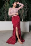 Shop_Aurouss_Red Organza, Satin, Twill, Net, Mesh Embroidery, Designer Skirt And Body Suit Set _Online_at_Aza_Fashions