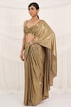 Aurouss_Gold Lycra, Tulle Beads, Sequins Round Neck Pre-draped Saree Set _at_Aza_Fashions