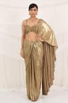 Buy_Aurouss_Gold Lycra, Tulle Beads, Sequins Round Neck Pre-draped Saree Set _at_Aza_Fashions