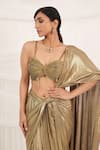 Shop_Aurouss_Gold Lycra, Tulle Beads, Sequins Round Neck Pre-draped Saree Set 