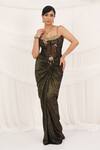 Buy_Aurouss_Black Satin, Tulle Beads, Embroidery Sweetheart Gold Draped Skirt And Corset Set _at_Aza_Fashions