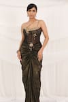 Shop_Aurouss_Black Satin, Tulle Beads, Embroidery Sweetheart Gold Draped Skirt And Corset Set _Online_at_Aza_Fashions