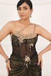 Aurouss_Black Satin, Tulle Beads, Embroidery Sweetheart Gold Draped Skirt And Corset Set _at_Aza_Fashions