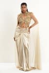 Buy_Aurouss_Gold Satin, Tulle Beads, Sequins Plunge Liquid Designer Cape And Draped Skirt _Online_at_Aza_Fashions