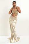 Shop_Aurouss_Gold Satin, Tulle Beads, Sequins Plunge Liquid Designer Cape And Draped Skirt _Online_at_Aza_Fashions