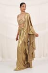 Shop_Aurouss_Gold Lycra, Tulle, Mesh Beads, Sequins, Embroidery Foilflex Pre-draped Saree Set _Online_at_Aza_Fashions