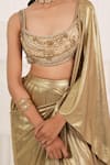 Aurouss_Gold Lycra, Tulle, Mesh Beads, Sequins, Embroidery Foilflex Pre-draped Saree Set _at_Aza_Fashions
