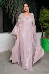 Buy_Aurouss_Lilac Georgette, Satin, Twill Sequins, Beads Round Neck Embroidered Kaftan _at_Aza_Fashions