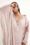 Aurouss_Lilac Georgette, Satin, Twill Sequins, Beads Round Neck Embroidered Kaftan _at_Aza_Fashions