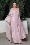 Buy_Aurouss_Lilac Georgette, Satin, Twill Sequins, Beads Round Neck Embroidered Kaftan 