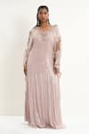 Aurouss_Lilac Georgette, Satin, Twill Sequins, Beads Round Neck Embroidered Kaftan _Online