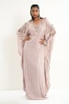 Buy_Aurouss_Lilac Georgette, Satin, Twill Sequins, Beads Round Neck Embroidered Kaftan _Online