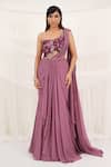 Aurouss_Purple Chiffon, Tulle Sequins, Beads, Designer Pre-draped Saree With Blouse _at_Aza_Fashions