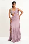 Buy_Aurouss_Pink Georgette, Tulle Beads, Embroidery Designer Pre-draped Saree With Blouse _at_Aza_Fashions
