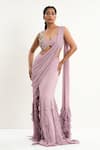 Shop_Aurouss_Pink Georgette, Tulle Beads, Embroidery Designer Pre-draped Saree With Blouse _Online_at_Aza_Fashions