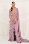 Buy_Aurouss_Pink Georgette, Tulle, Mesh Beads, Sequins Round Designer Pre-draped Saree Set _Online_at_Aza_Fashions