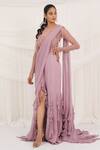 Buy_Aurouss_Pink Georgette, Tulle, Mesh Beads, Sequins Round Designer Pre-draped Saree Set _at_Aza_Fashions