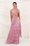 Buy_Aurouss_Pink Georgette, Mesh Beads, Embroidery Designer Pre-draped Saree And Blouse Set _at_Aza_Fashions