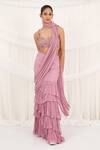 Buy_Aurouss_Pink Georgette, Mesh Beads, Embroidery Designer Pre-draped Saree And Blouse Set _Online_at_Aza_Fashions