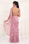 Aurouss_Pink Georgette, Mesh Beads, Embroidery Designer Pre-draped Saree And Blouse Set _Online_at_Aza_Fashions