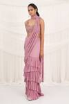 Shop_Aurouss_Pink Georgette, Mesh Beads, Embroidery Designer Pre-draped Saree And Blouse Set _Online_at_Aza_Fashions