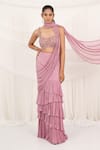 Aurouss_Pink Georgette, Mesh Beads, Embroidery Designer Pre-draped Saree And Blouse Set _at_Aza_Fashions