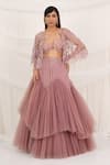 Buy_Aurouss_Pink Tulle, Georgette, Mesh, Organza Beads, Embroidery Rose Lehenga Set _at_Aza_Fashions