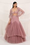 Aurouss_Pink Tulle, Georgette, Mesh, Organza Beads, Embroidery Rose Lehenga Set _at_Aza_Fashions