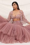 Buy_Aurouss_Pink Tulle, Georgette, Mesh, Organza Beads, Embroidery Rose Lehenga Set 