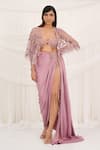 Buy_Aurouss_Pink Twill, Satin, Mesh Beads, Embroidery Scoop Rose Draped Skirt And Cape Set _at_Aza_Fashions