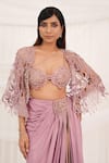 Aurouss_Pink Twill, Satin, Mesh Beads, Embroidery Scoop Rose Draped Skirt And Cape Set _at_Aza_Fashions