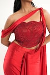 Buy_Aurouss_Red Spandex, Tulle Beads Asymmetric Pre-draped Saree With Blouse _Online_at_Aza_Fashions